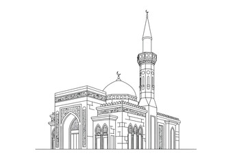 Fototapeta premium Detailed architectural sketch of a mosque building with minaret with line art