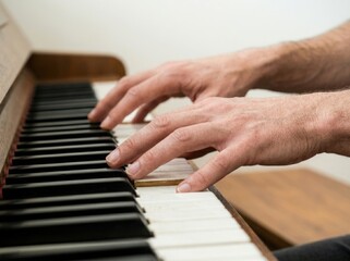 Fototapeta premium Hands of a musician playing piano keys on a wooden instrument in a bright indoor setting