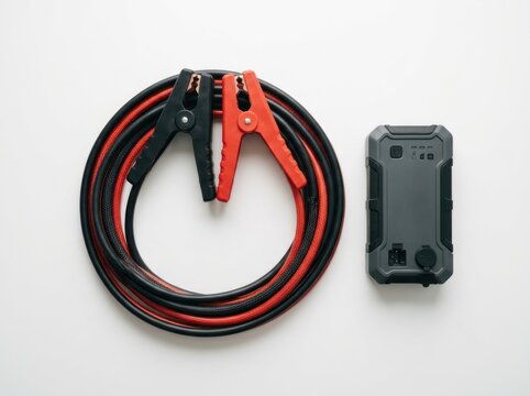 Jump starter cables with red and black clamps beside portable power bank on white background