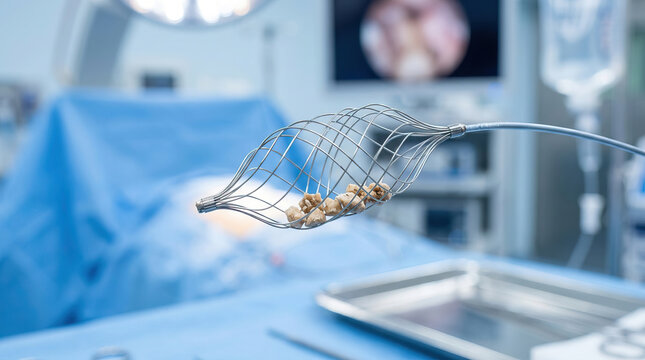 Urology stone retrieval basket holding kidney stones in sterile surgical environment with medical equipment and blue drapes in background
