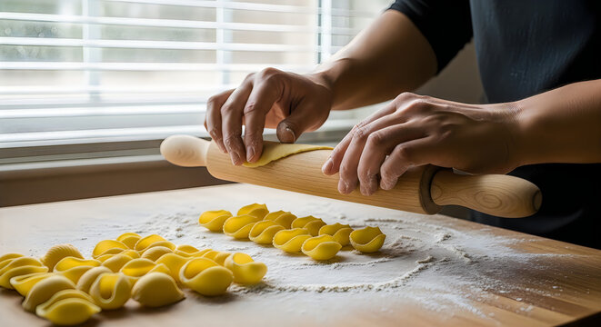 Hands shaping pasta dough with a rolling pin on a flour-dusted wooden surface with fresh shells