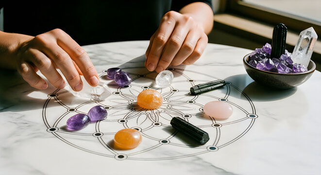 Hands arranging healing crystals on a geometric mandala pattern on a marble table for spiritual practice