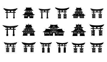 Japanese torii gate silhouette icon set vector with traditional shrine and castle entrance symbols © MstLutfa