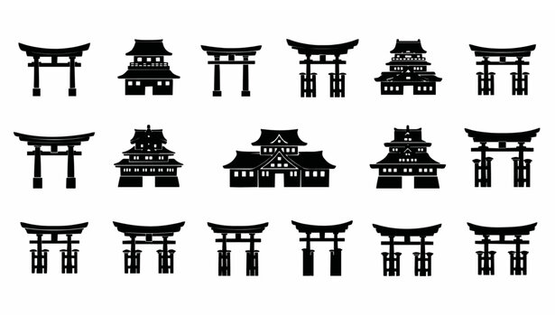 Japanese torii gate silhouette icon set vector with traditional shrine and castle entrance symbols