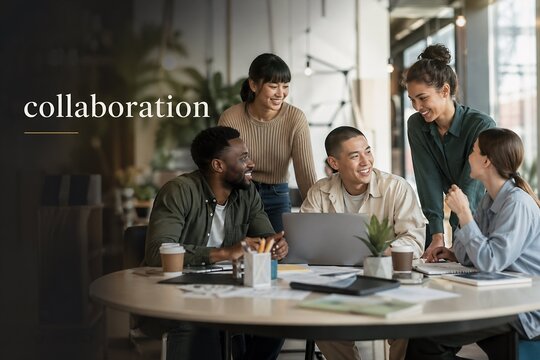 Four young professionals are collaborating and smiling around a table in a modern office setting.