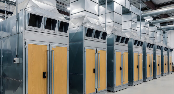 Row of industrial metal and wood ventilation units with closed wooden doors in a clean modern facility