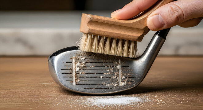 Hand using a wooden brush to clean dirt and grime from a golf club head on a wooden surface
