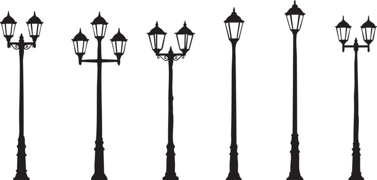 Collection of vintage street lamps a black and white illustration
