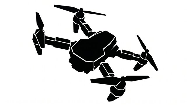 Modern black drone illustration, a sleek quadcopter design, aerial photography and videography technology, remote control flying device.