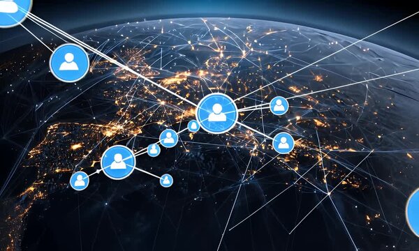 Aerial view of Earth at night with glowing connections and people icons linking cities worldwide, representing global communication and networking.