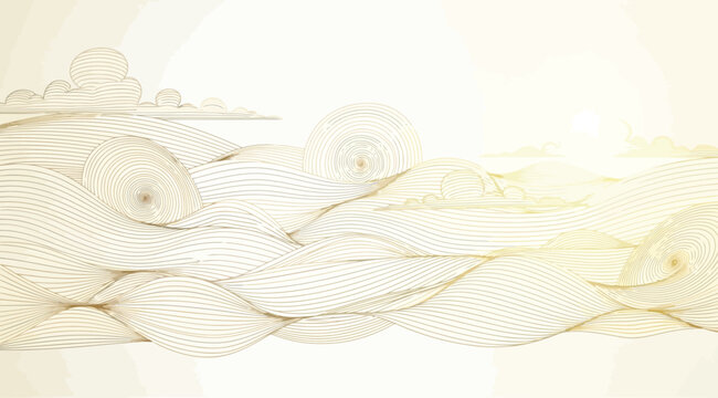 Abstract gold line art landscape with rolling hills and clouds minimalist oriental style background with wavy lines and sun