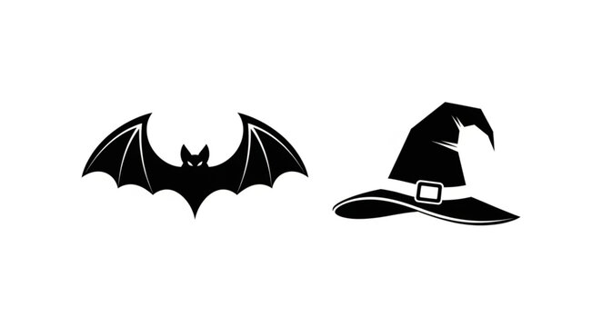 Black bat and witch hat silhouettes.