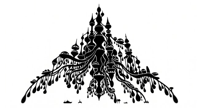 Abstract Black and White Organic Structure Illustration, intricate fantasy plant growth, stylized natural forms, decorative design element for mystical themes