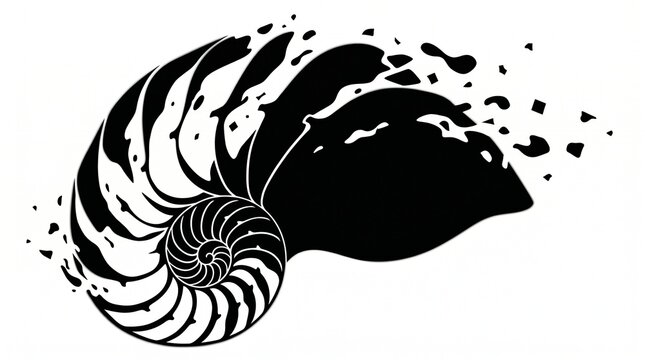 Abstract nautilus shell illustration, a black and white spiral mollusk dissolving into dynamic particles, a modern graphic design element for science and nature concepts.