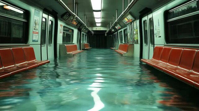Flooded subway train interior with calm water covering the floor reflecting windows and ceiling lights, symmetrical perspective creating a surreal quiet urban scene with cinematic depth atmosphere