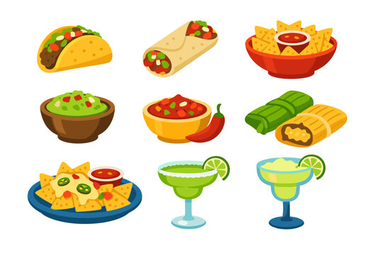 Collection of Colorful Cartoon Mexican Food and Drink Icons Set Featuring Tacos, Burritos, Nachos with Cheese, Guacamole, Salsa, Tamales, and Margaritas Isolated on White Background Vector
