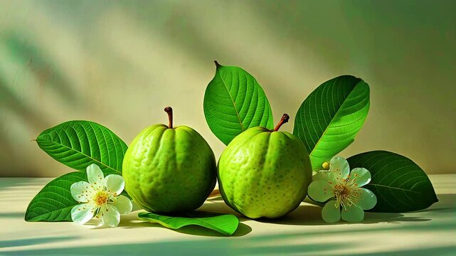 Fresh green guava fruits growing on tree branches with leaves in natural sunlight, tropical organic fruit agriculture concept, healthy food background vibrant nature scene 8K