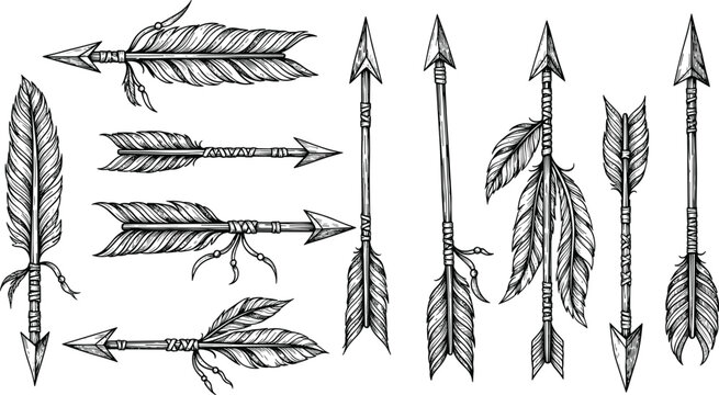 Tribal feather arrow collection with vintage hunting symbols and decorative engraved vector