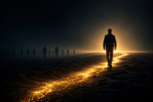 Independent Leadership Concept with Lone Figure Walking Ahead on Glowing Path