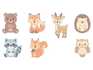 Fototapeta premium Cute woodland animal collection with bear, fox, deer, owl, raccoon, squirrel, and hedgehog, ideal for nursery decor, kids products, educational materials, and commercial design.