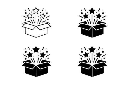 Open Box with Stars Icon Set Featuring Surprise Celebration and Gift Unboxing Symbols in Outline and Solid Silhouette Styles for Reward Bonus Magic and New Product Launch Vector Illustrations