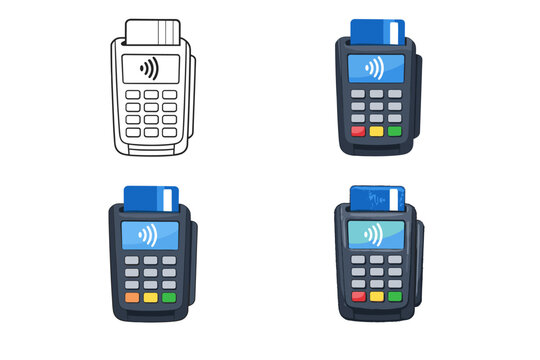 POS terminal payment device icon set featuring four different illustration styles including simple outline, flat color, and textured designs for credit card transactions and contactless pay.