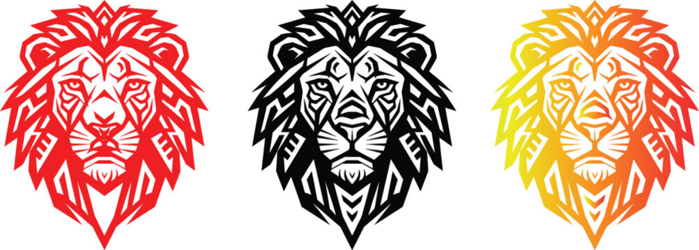 Tribal tattoo vector illustration featuring skull head face lion tiger wild cat king crown animal mask gothic horror vintage cartoon death symbol on abstract red and white background