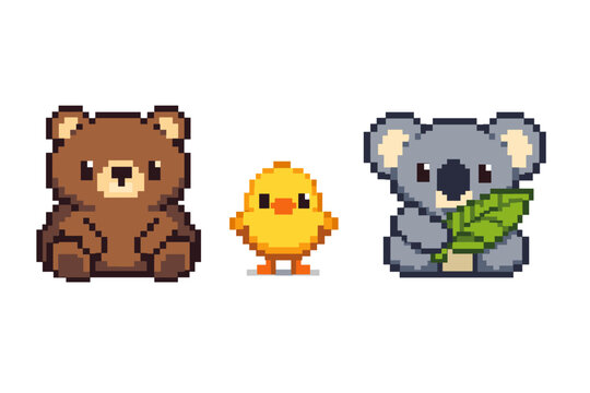 8-Bit Retro Gaming Creatures Featuring a Grizzly, Tiny Bird, and Marsupial with a Green Sprig. Pixelated Wildlife Characters for Mobile Apps and Arcade Style Graphics on White.