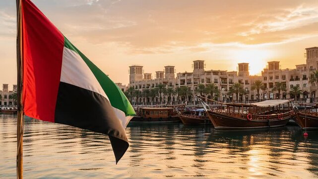 United Arab Emirates Flag Waving by Traditional Dhow Harbor