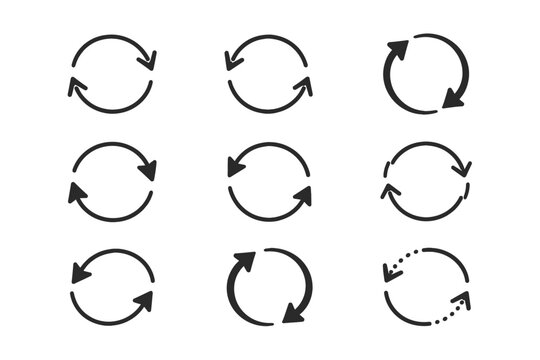 Collection of Hand-Sketched Round Motion Icons for Reloading, Recurrence, Processing, and Rebooting. Curvy Scribble Arrows for Synchronization, Backtracking, and Continuous Flow Symbols.