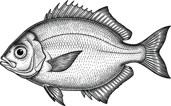 Vintage engraved sea bream fish vector with detailed marine anatomy scales fins and ocean wildlife