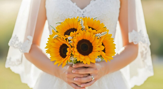 Bride Holding Sunflower Bouquet for Wedding Planning, Floral Arrangements, Outdoor Ceremony, Bride and Groom Photography, Wedding Inspiration, and Seasonal Decor