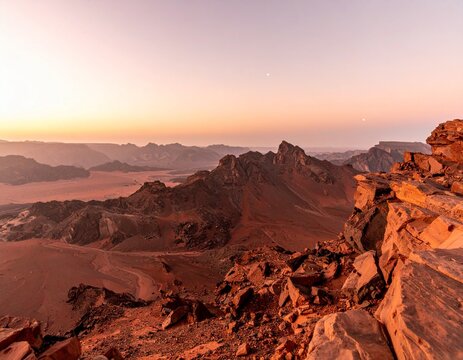 Landscape from a Martian canyon rim with red basaltic cliffs and iron-oxide dust. Small blue sun setting in a pink hazy sky. Photorealistic Mars exploration and planetary science.