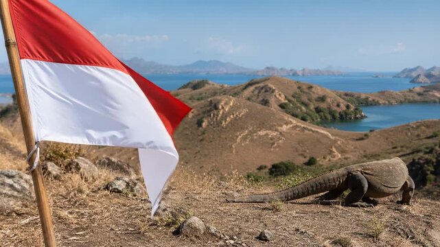 Indonesia Flag Waving with Komodo Dragon on Island Coast