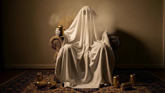 Amusing sheeted specter enjoying refreshing golden drink, exhaling white vapor while relaxing comfortably in an ornate armchair on a vintage patterned floor rug, indoors.