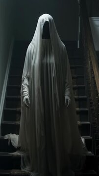 A spectral entity covered in white ascends a dark staircase during the late hours. A scary ghost creating immense fear and horror. A representation of the supernatural