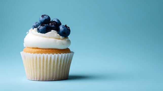 Blueberry cupcake topped with fresh organic berries and smooth creamy white frosting swirls sitting on a minimalist light blue surface with ample negative space for design or text