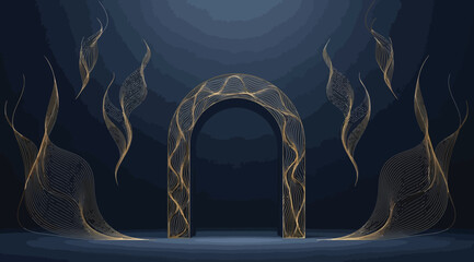 Elegant dark blue podium stage with golden arch and glowing wavy lines, luxury background for product presentation, award ceremony, or event backdrop © S.Siam