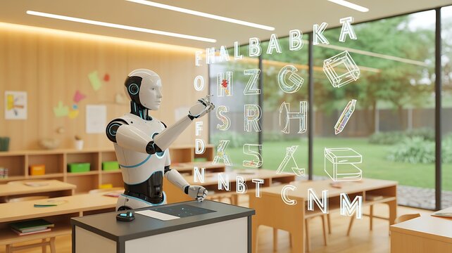 Humanoid robot teaching in classroom with digital interface futuristic education technology concept 