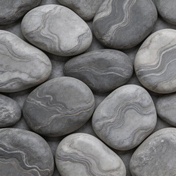 Smooth gray pebbles with wavy patterns