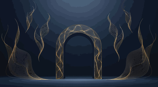 Elegant dark blue podium stage with golden arch and glowing wavy lines, luxury background for product presentation, award ceremony, or event backdrop