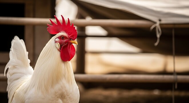 Close-up of a proud white rooster with a red comb in natural light on a farm
