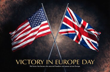 Victory in Europe Day Concept With American Flag And British Union Jack Crossed Flags