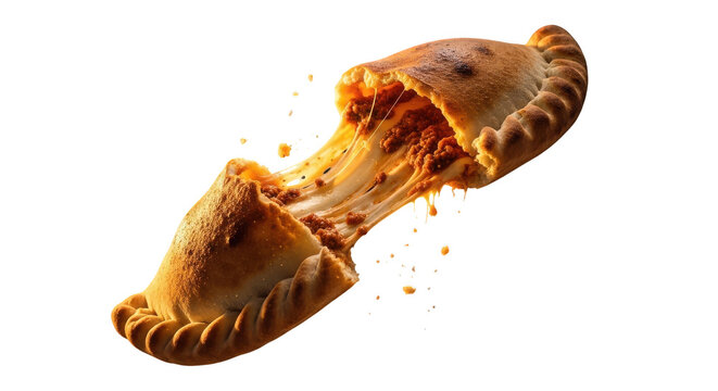 delicious savory empanada cut in half with melted cheese isolated on transparent background