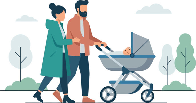 Happy couple walking with baby stroller in park