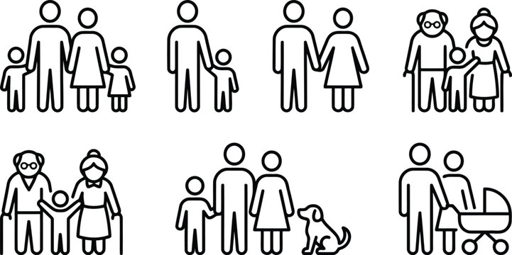 Black and white family icons with people and pets