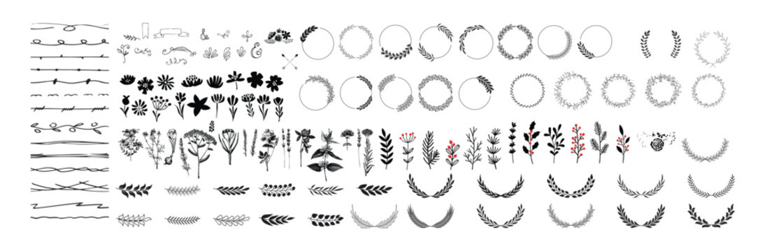 Floral wreath laurel divider elements set, botanical frames borders and decorative ornaments, hand drawn leaf wreath collection vector isolated