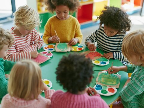 Overhead shot of five diverse children engaged in painting activities at a colorful table in a bright classroom setting with art supplies and palettes visible