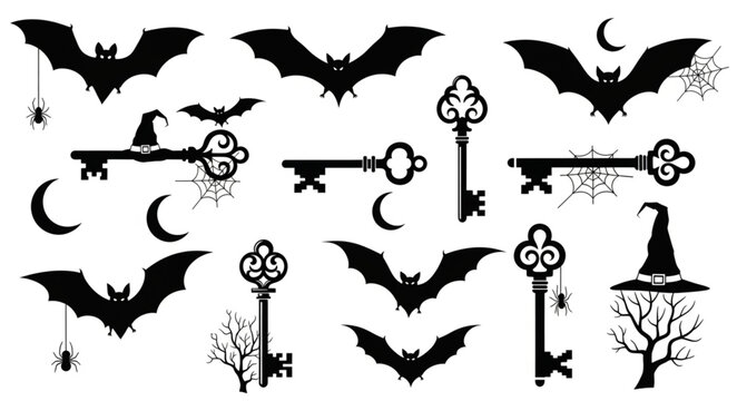 Black silhouette bats and skeleton keys.