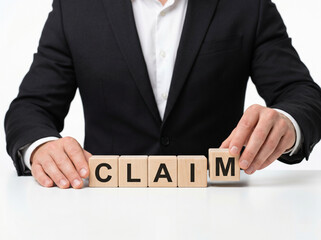 Obraz premium businessman arranging claim wooden blocks on white background representing insurance claim approval financial protection and policy support concept